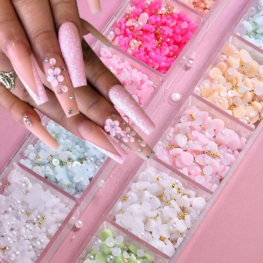 3D Flower Nail Charms Acrylic Petal Rhinestone Nail Art Decorations