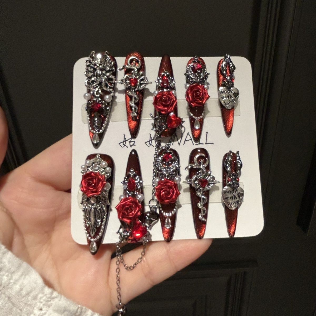 Handmade Gothic Rose Dark Nails Removable Press On Nails