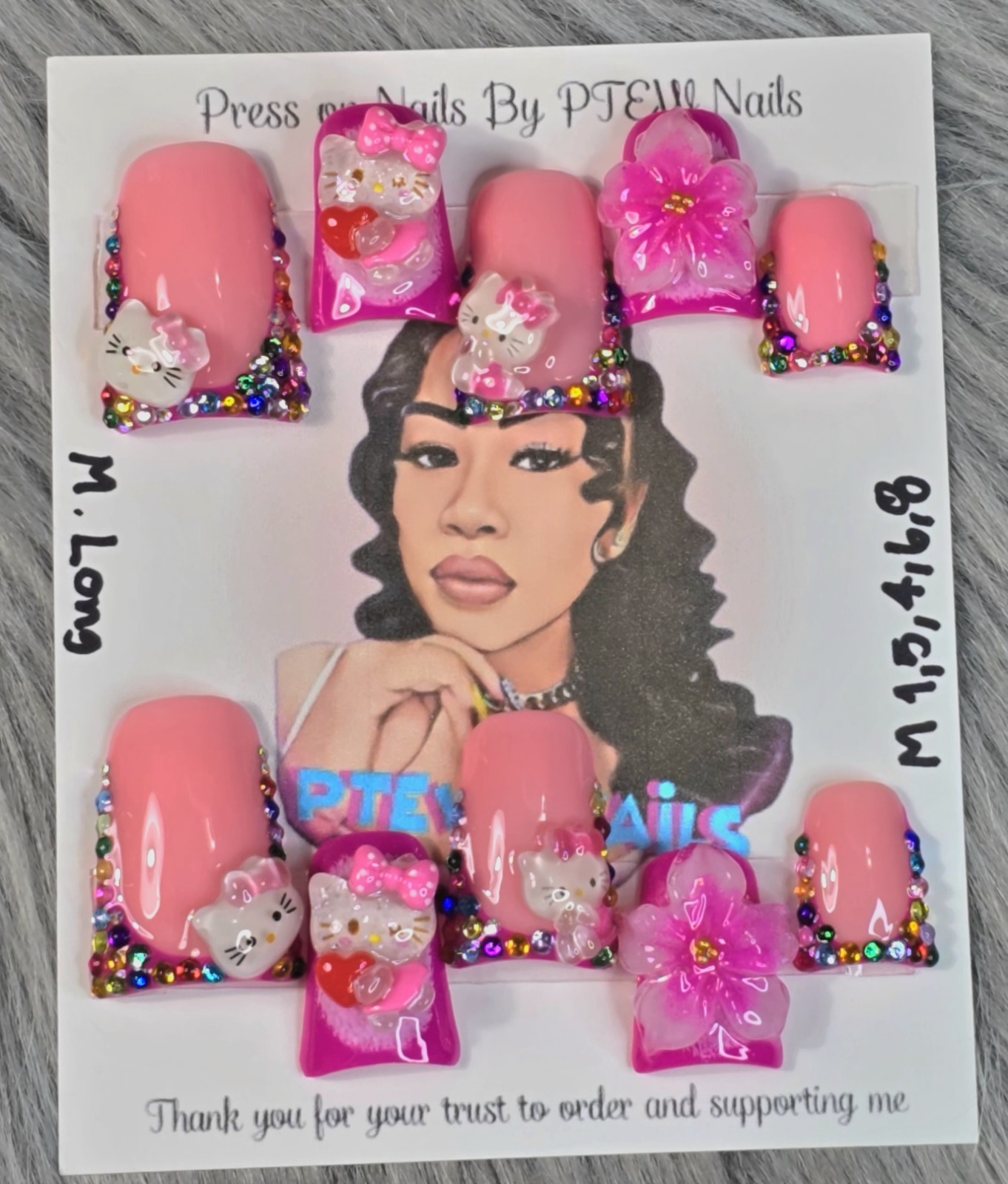 Handmade Press On Nails,LuxuryKitty Pink,Medium Size 1,5,4,6,8 M.Long Duck Shape
