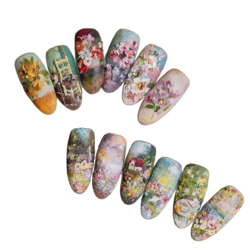 48 Pcs of Oil Painting Style Countryside Flower Fake Nails, Removable Nail Art