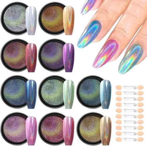 Furtherpretty Holographic Chrome Nail Powder, 10 Colors Metallic