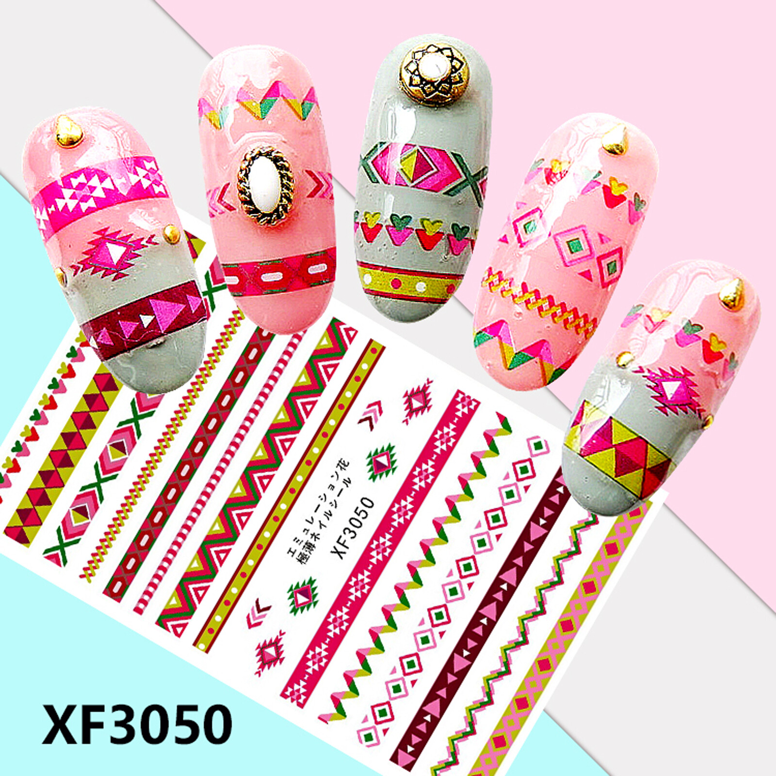 Nail Art 3D Decal Stickers beautiful red green pink white ornaments XF3050