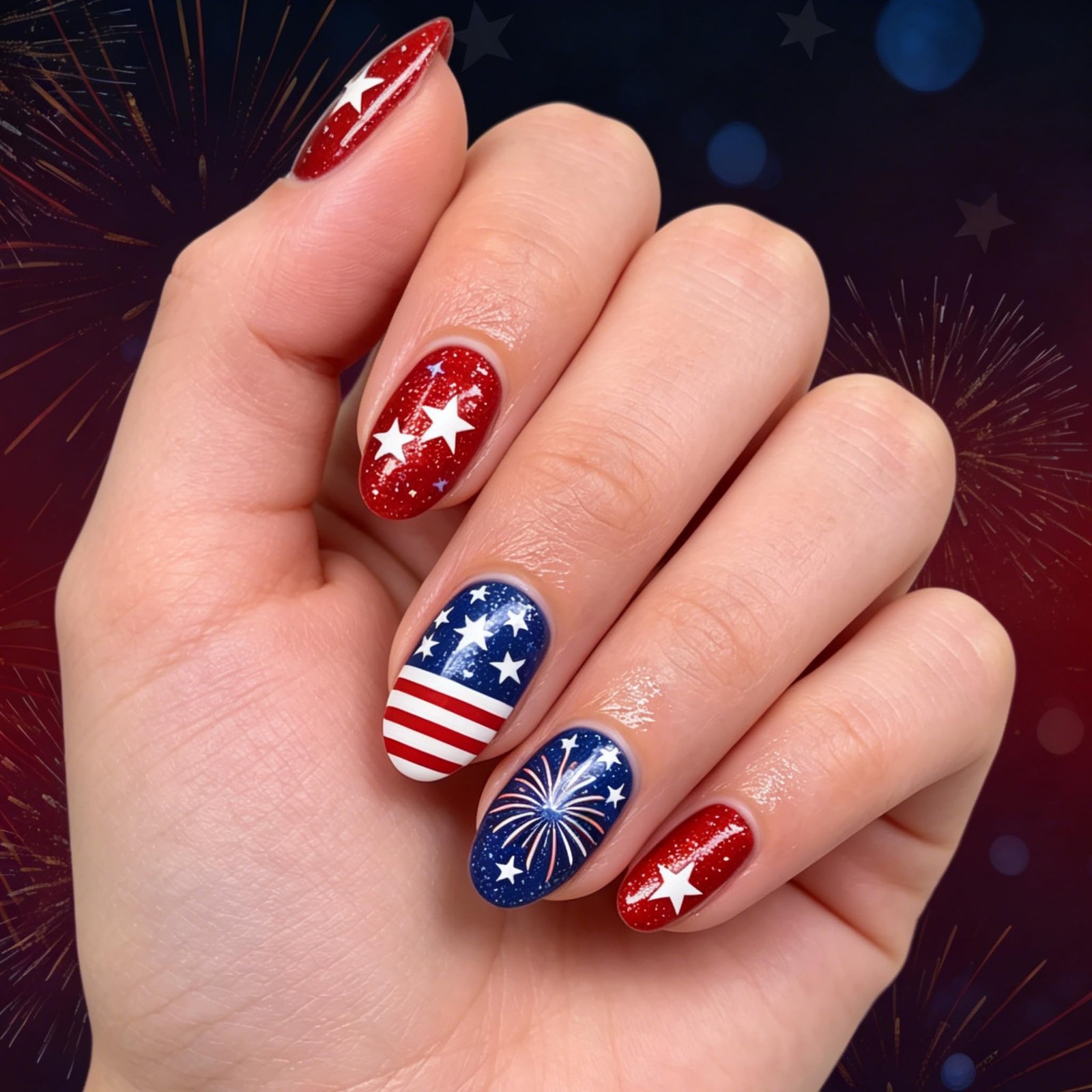 Tephrent 24Pcs Short Almond Press On Nails Fireworks