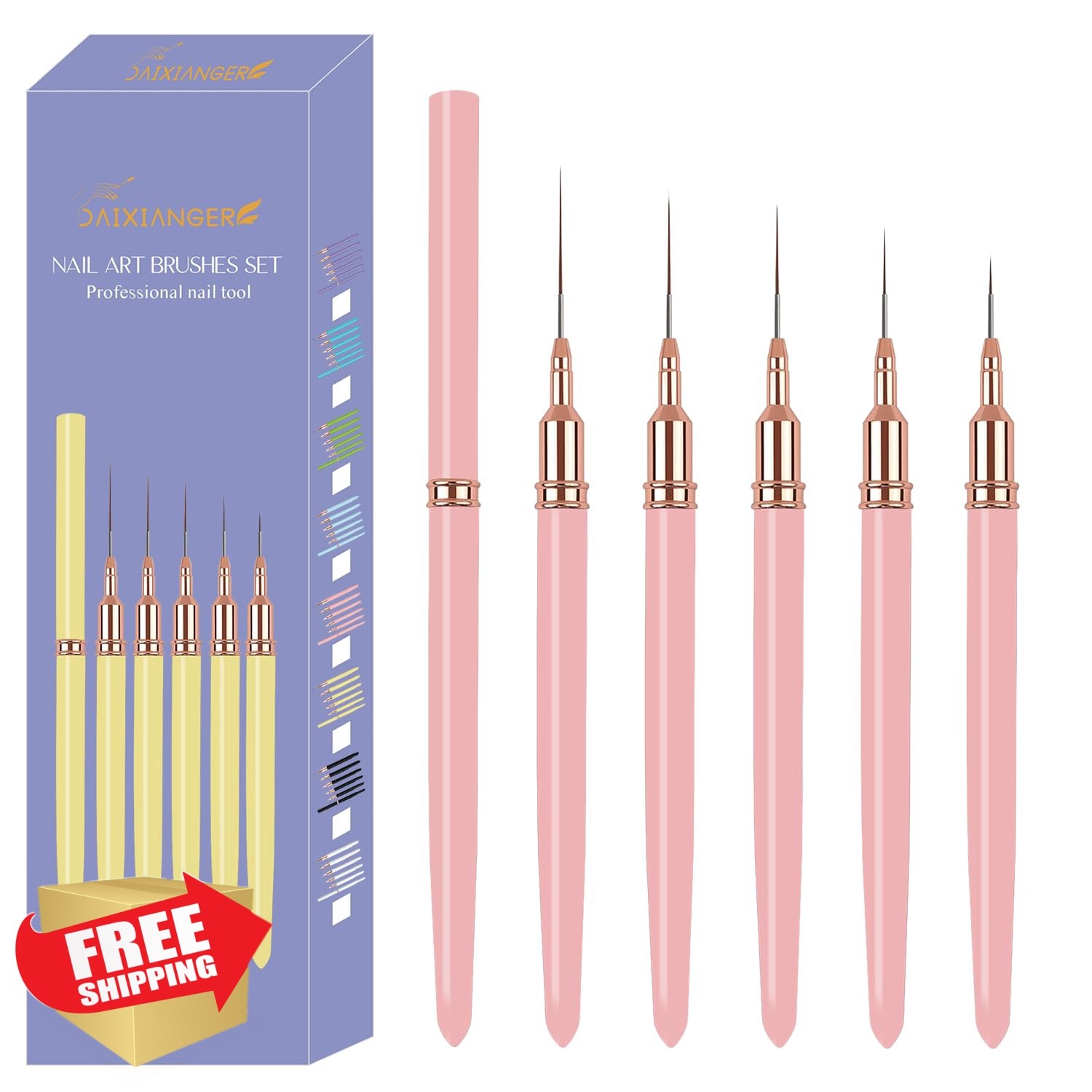 DAIXIANGER 5PCS Nail Liner Brushes Pink 6-18mm
