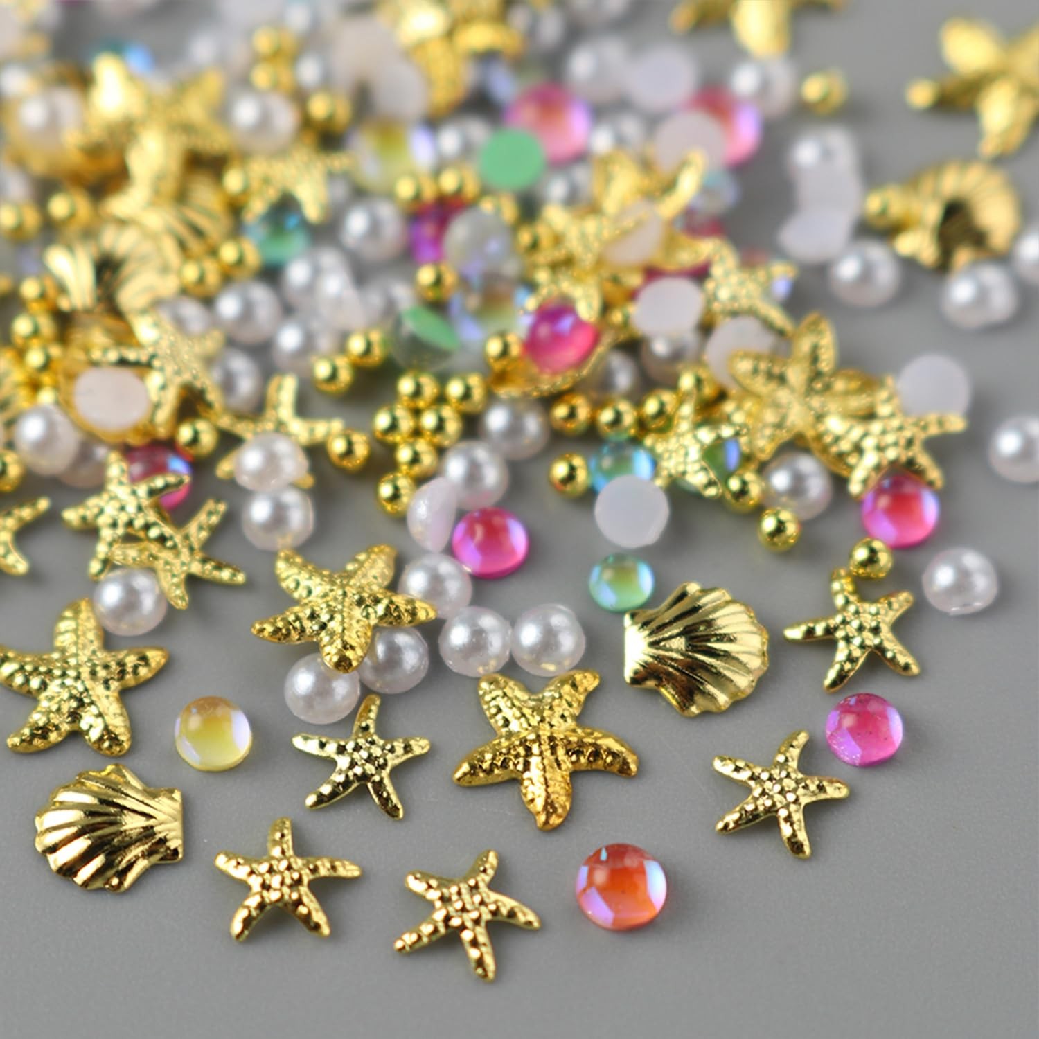 Summer Ocean Nail Studs 3D Gold Starfish Sea Shell Nail Art Charms with Pearl…