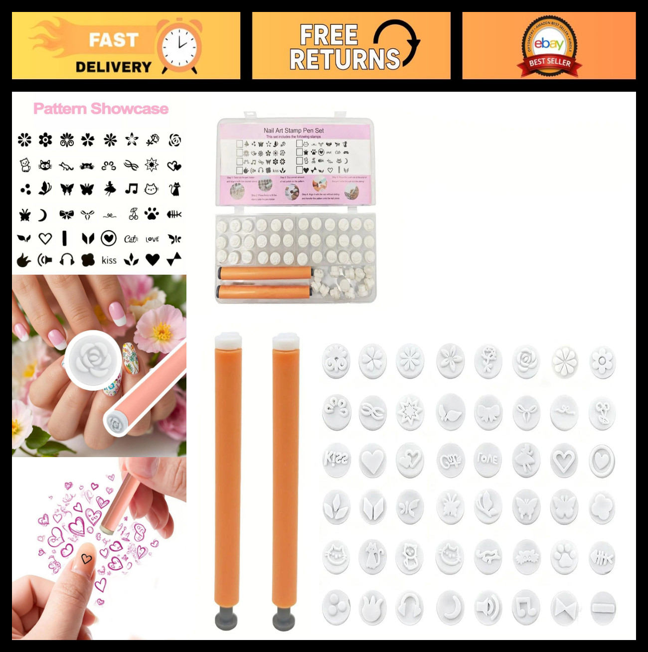 48 Pcs Nail Art Stamp Set – 2 Ergonomic Handles, 48 Floral & Animal Patterns, Po