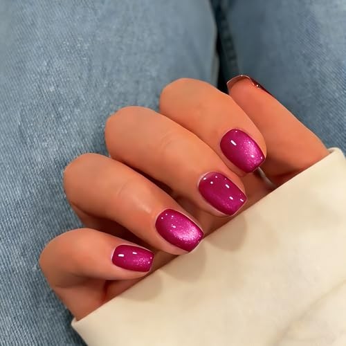 Cat Eye Press On Nails Short, 30 Pcs Glitter Bright Hot Pink glass hot pink