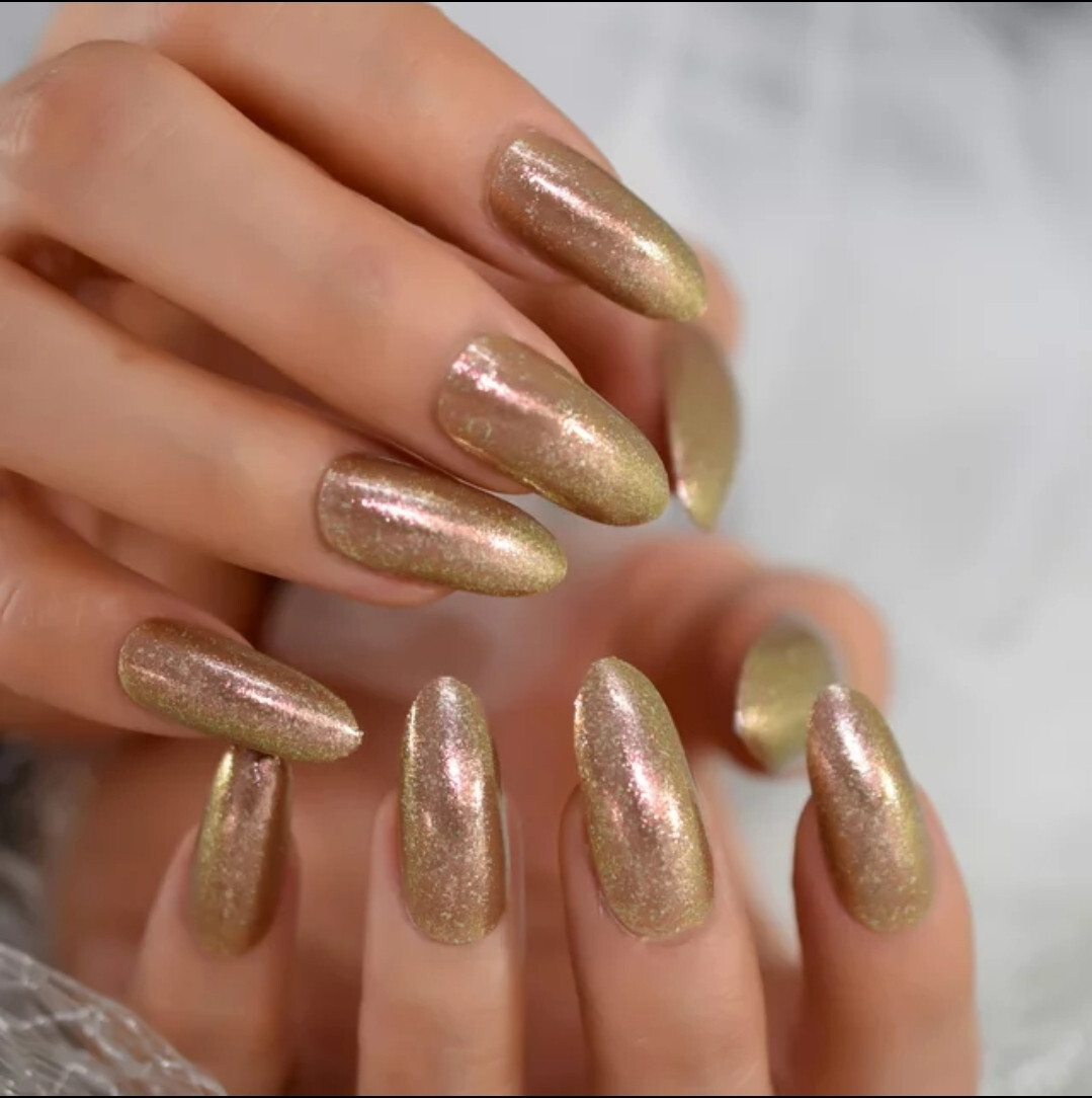 24 Press on nails kit w glue Long oval almond champagne glitter gold bronze rose