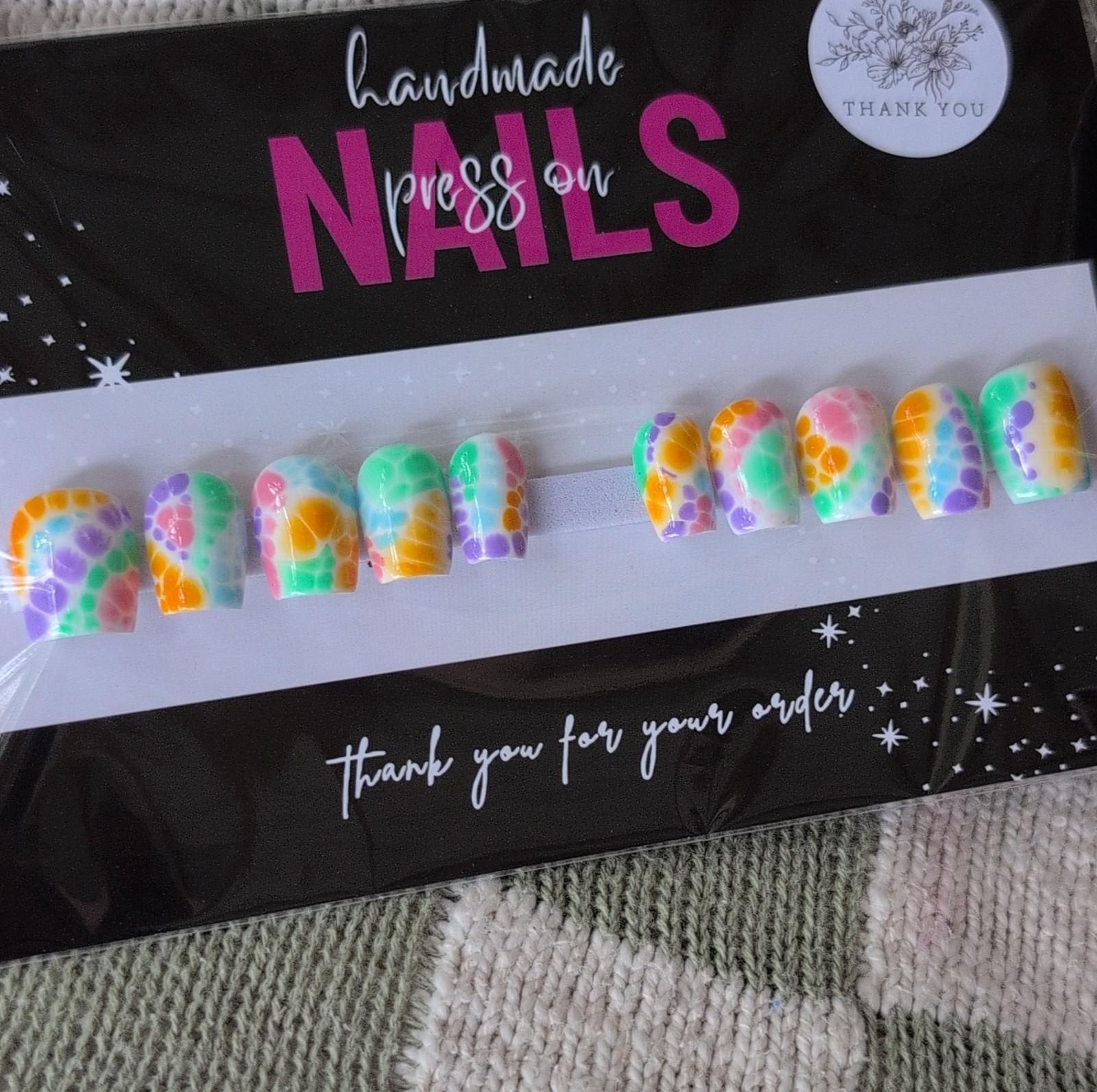 Handmade Press-On Nails Short Square Multicolor Abstract Glossy Sized Medium