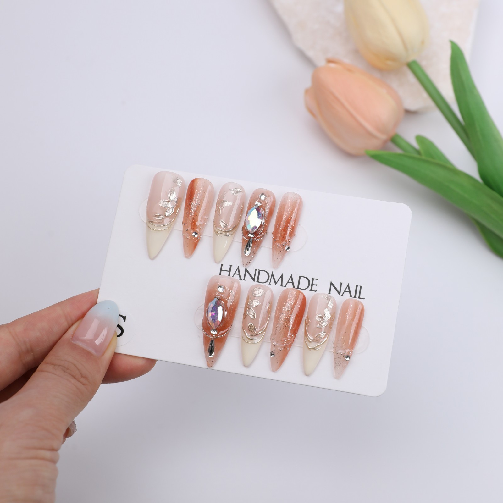 Honey Tea Pink Brown Ombre Press On Nails Medium Stiletto Gold Foil Rhinestone