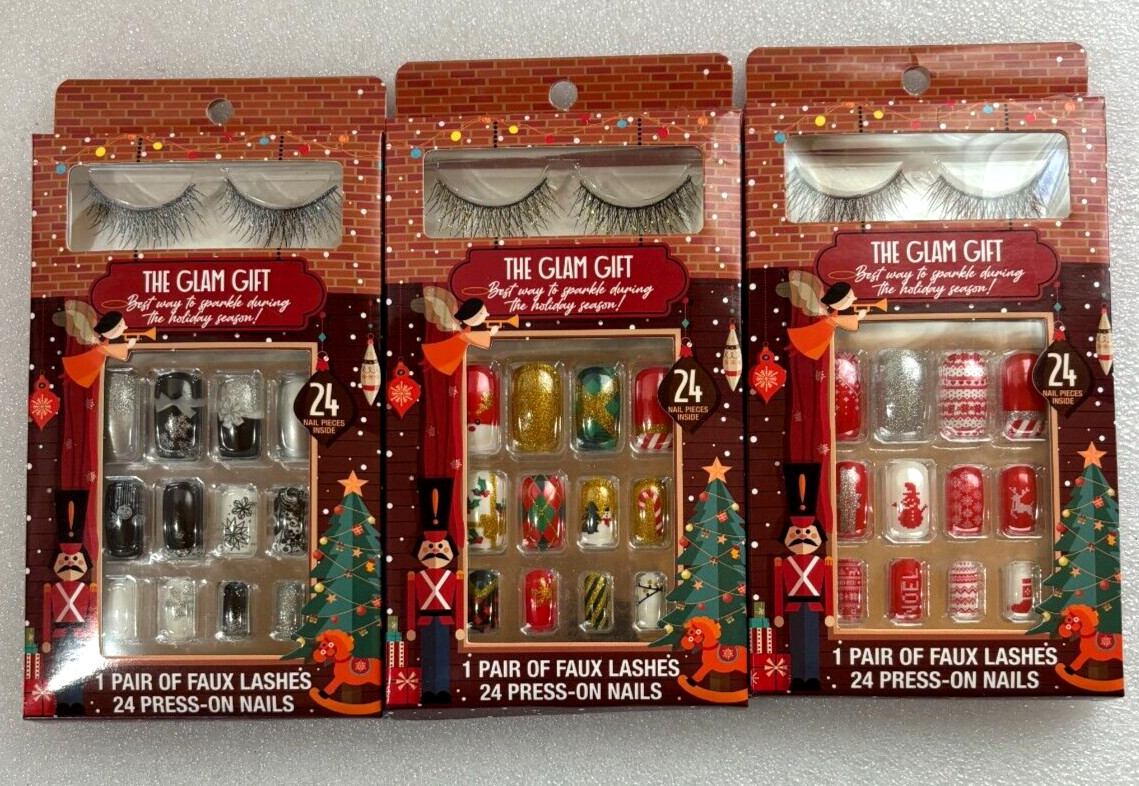 3 Pack Glam Christmas Gift Faux Glitter Lashes + 24 Press On Nails x 3 boxes