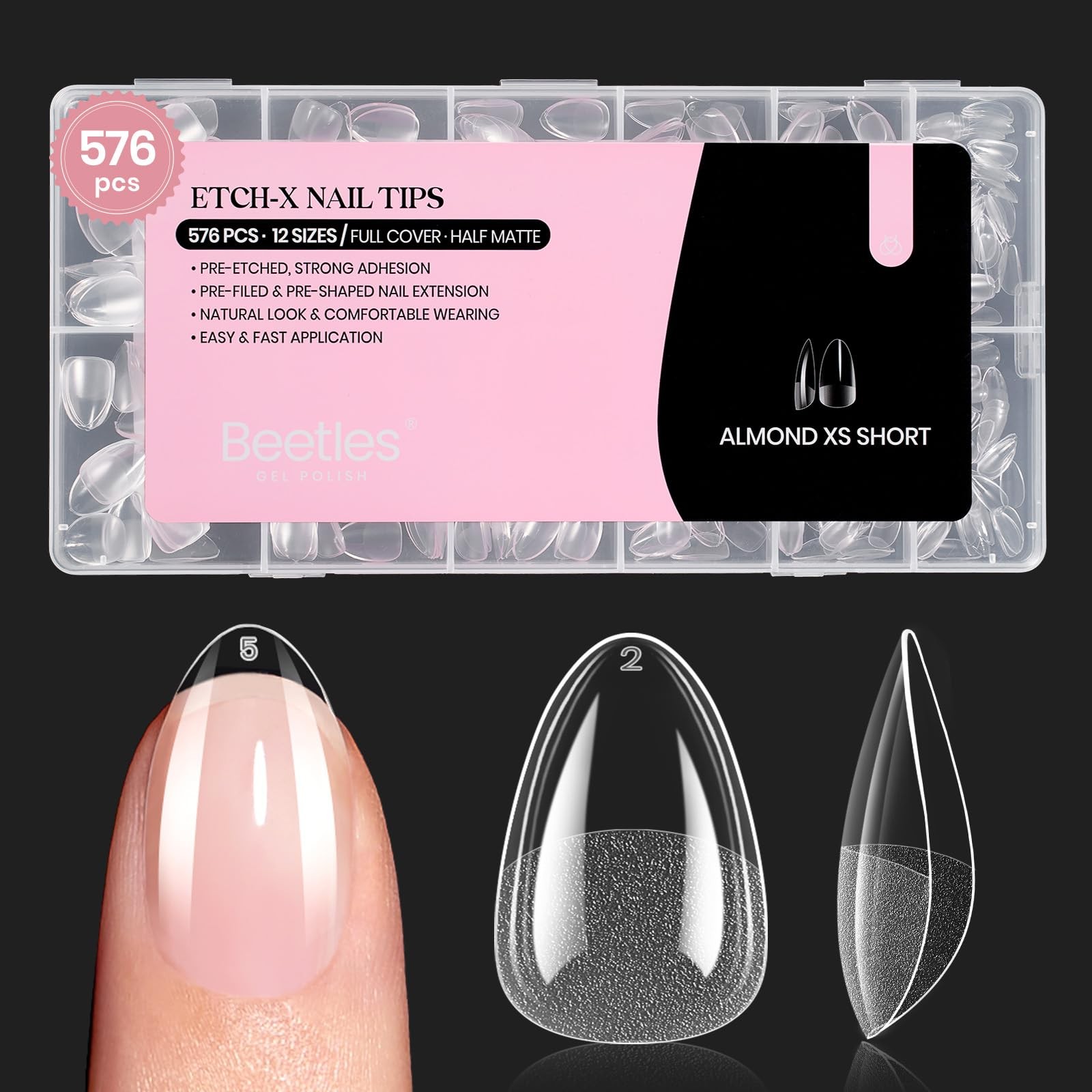 Beetles Gel Nail Tips 576Pcs Extra Short Almond Fake Nails Etch-X Half Nude