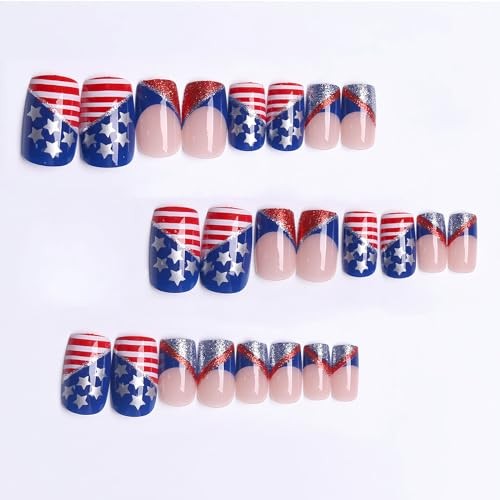 4th of July Press on Nails 1 Count (Pack of 24) 08.red blue French silver star