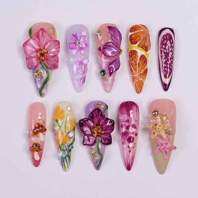 Handmade Summer Press On Nails with Orchid, Fruit & Starfish 3D Long Almond