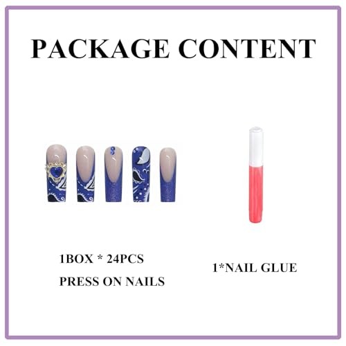 Square Fake Nails – Royal Blue – 3D Heart Glue Ons – Long Press