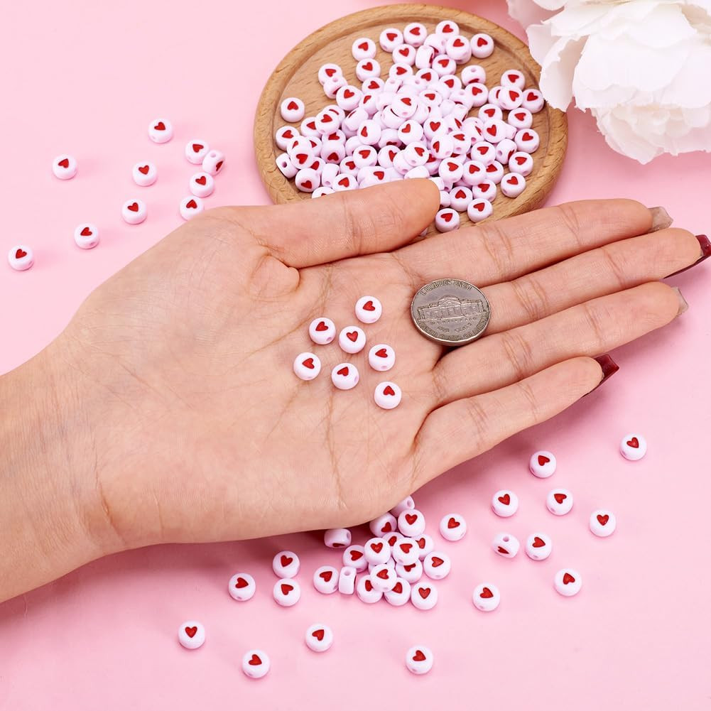 200Pcs White Acrylic Red Heart Beads Flat round Love Heart Disc Coin Pony Beads