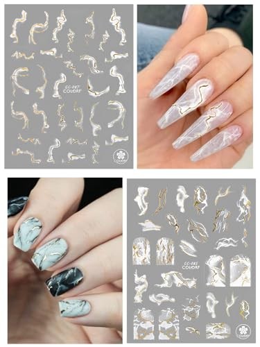 12 Sheets Nail Art Stickers Decals, Self-Adhesive White White Gold Marble Wave