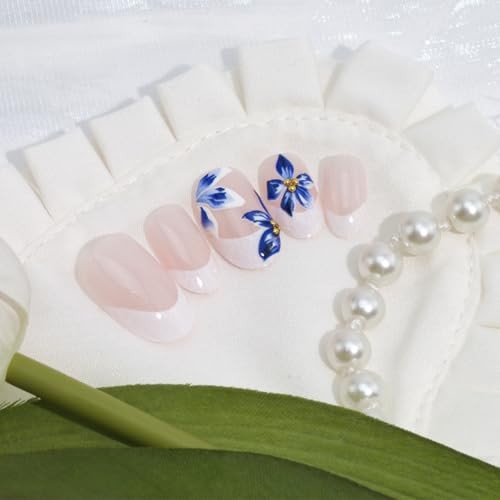 24Pcs Blue Flower Press on Nails Medium Almond Fake Nails with Flower Nails-21