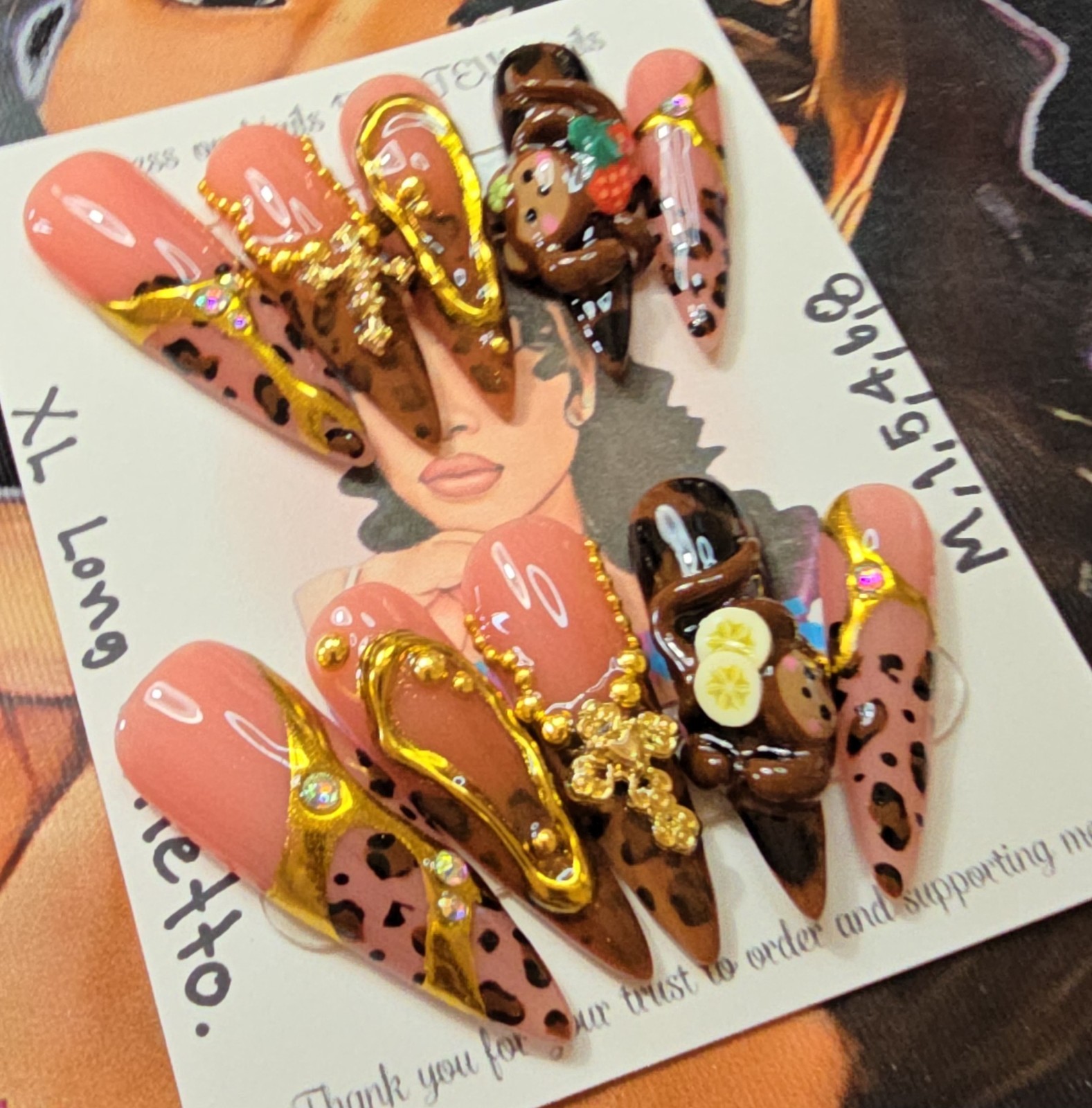 Handmade Gel Press On Nails,Naughty Monkey, Medium Size 1,5,4,6,8 XL Long Stilet