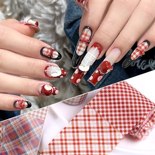 10 Rolls Plaid Nail Art Foil Transfer Sticker Decals Colorful Red Plaid