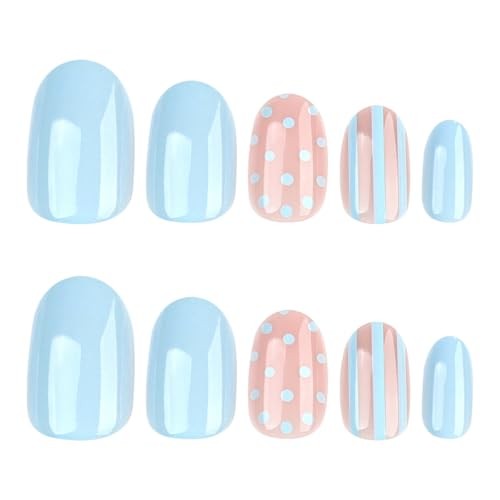 Blue Press on False Nails Oval – Polka Dot & Striped Design – Color31