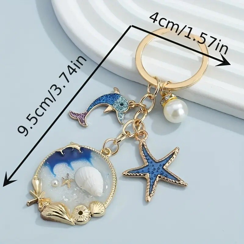 New Glitter Dolphin Starfish Conch Pearl Charm Keychain Key Ring Bag Backpack