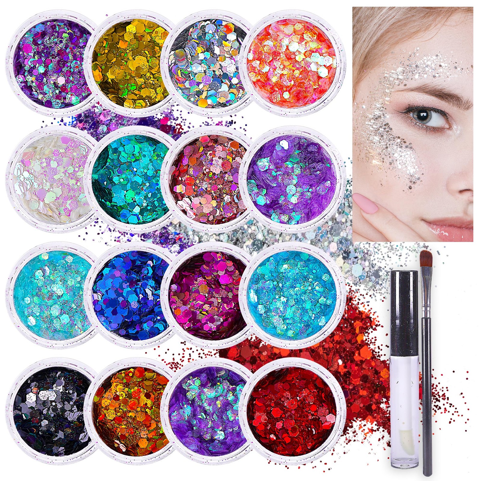 Body Glitter Set for Face & Hair – 16 Colors Chunky Holographic Festival Glit…