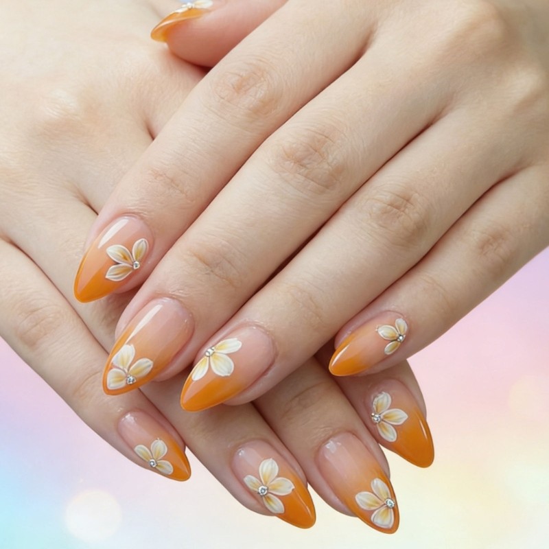 24Pieces Middle Length Glossy Press On Nail Gradient Yellow French Tip Floral