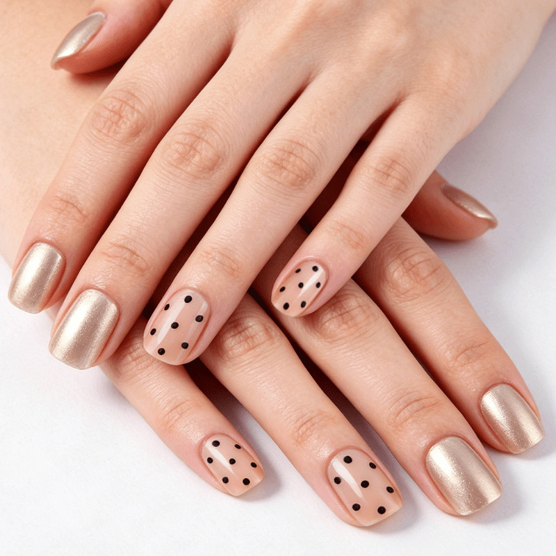 48Pcs Short Square Nude Gold Press on Nails Polka Dot Elegant Daily Casual Wear