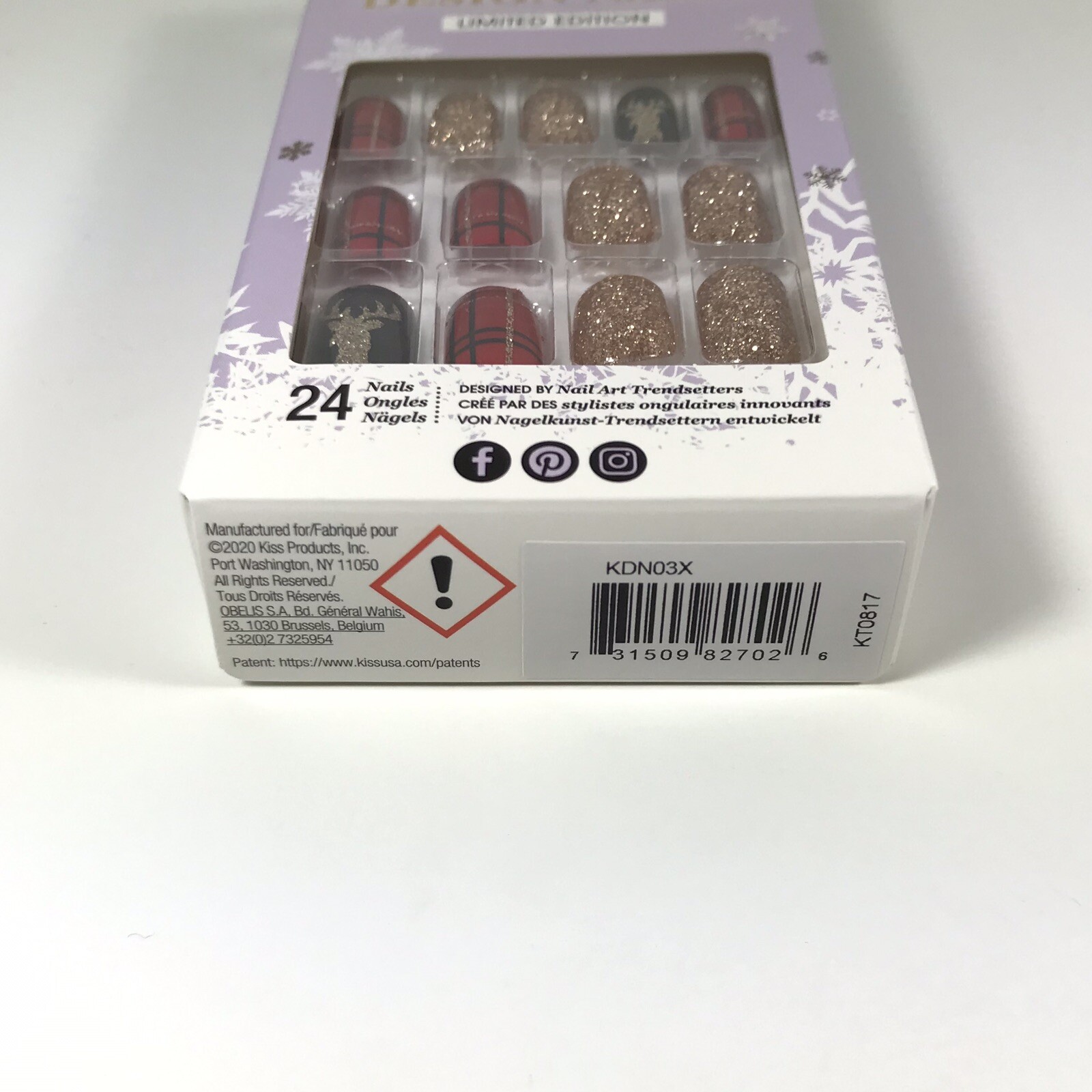 NEW Kiss Nails Limited Edition Glue Manicure Medium Reindeer Plaid Red Christmas