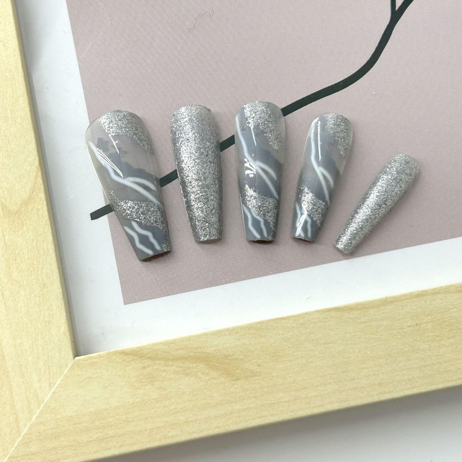 Glitter Coffin Press-On Nails Silvery Marble Gradient Full Cover Artificial Nail