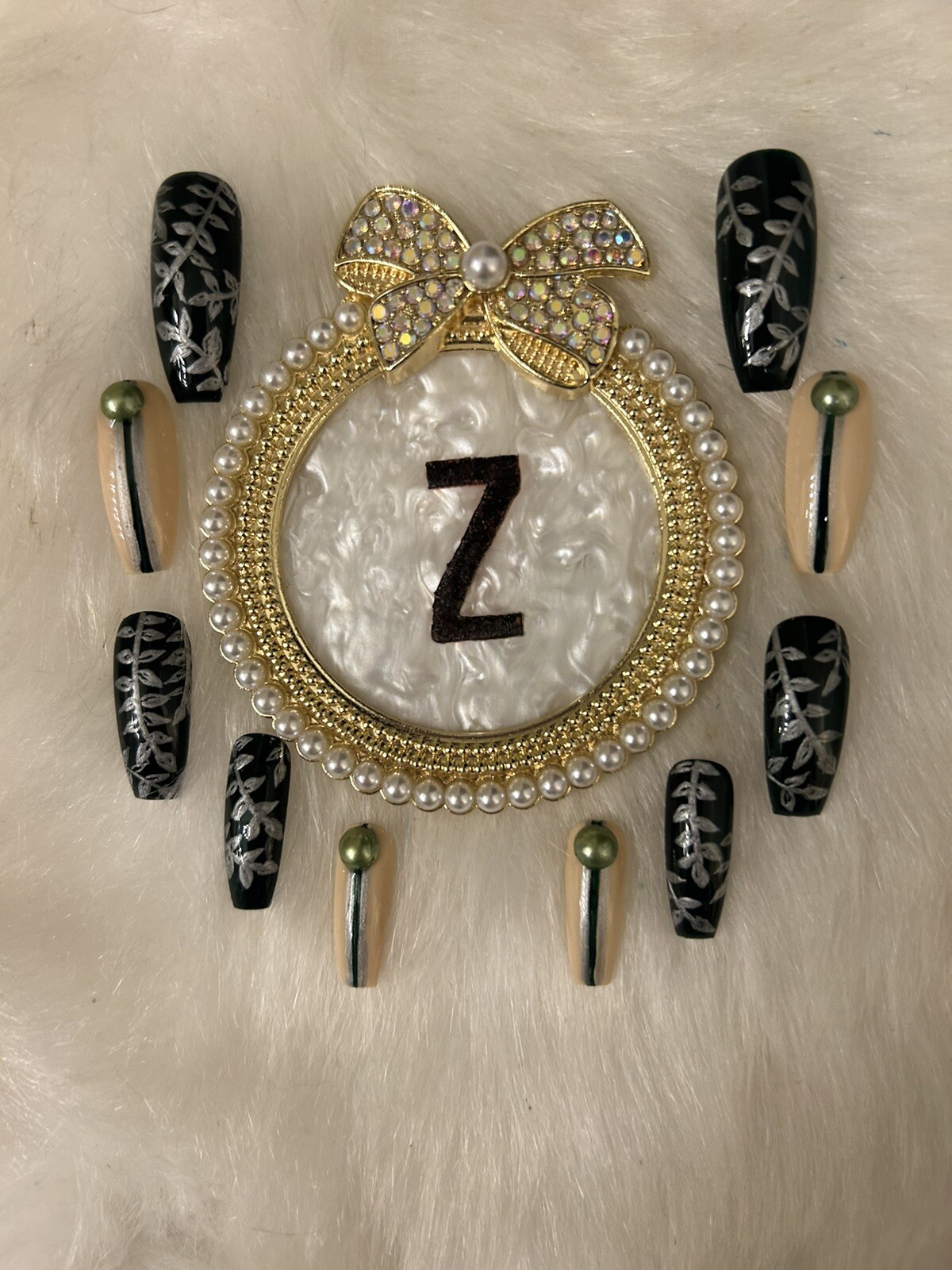 Z NAILZ! Gorgeous Set Of Dk Green/Beige L Coffin W/Bling Press On Nails
