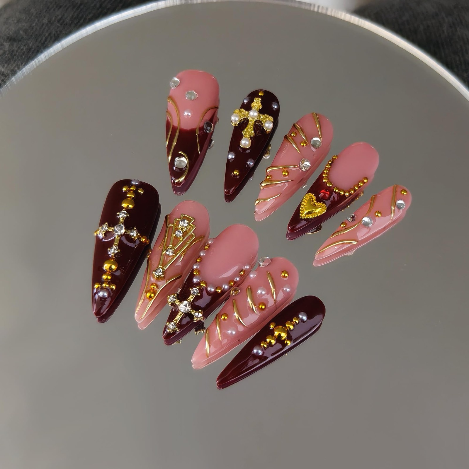 Long Stiletto Press on Nails Wine Red Cross Wave 3D(S)