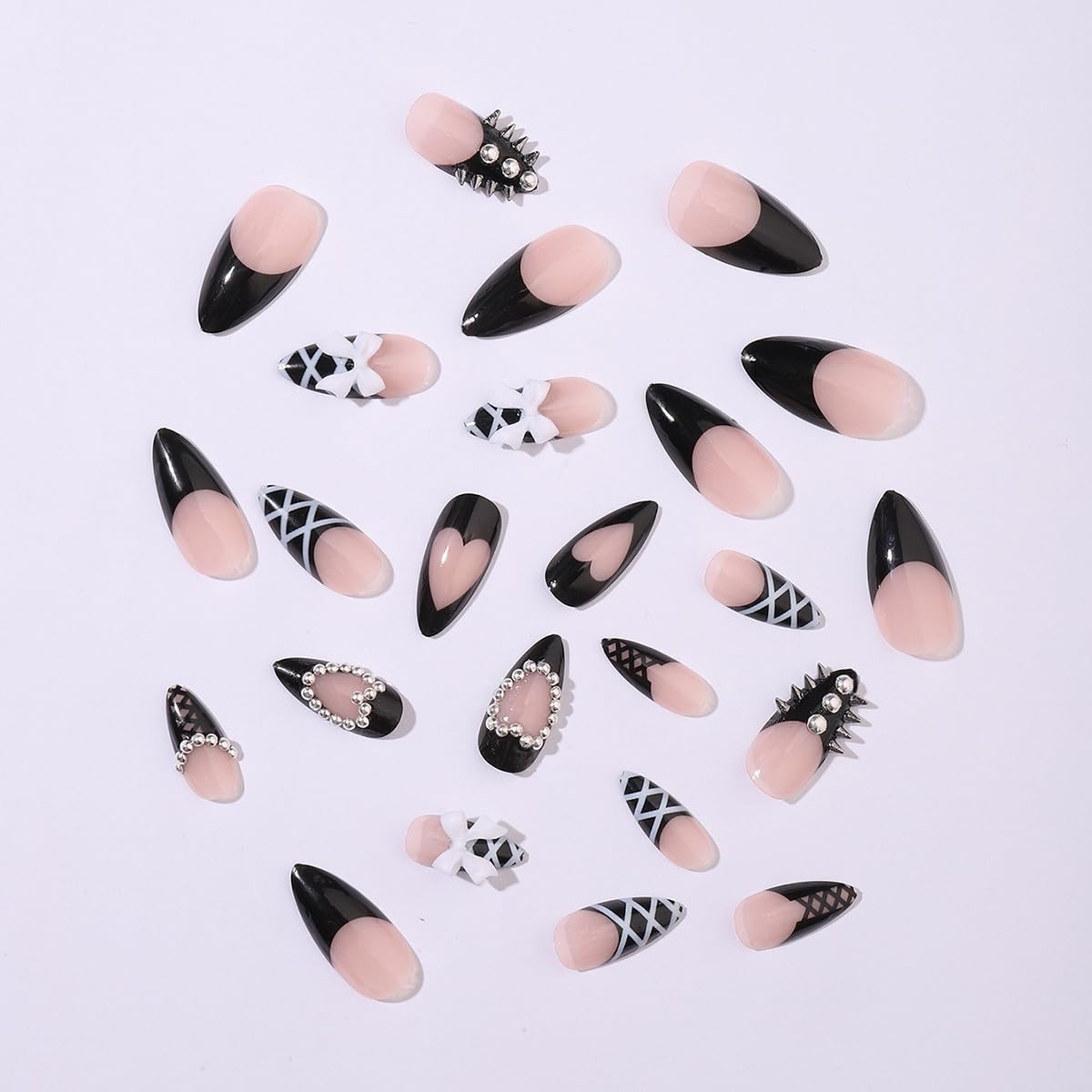 24pcs Press On Nails Almond With 3D Bow Pearl Rhinestone Design Black Medium …