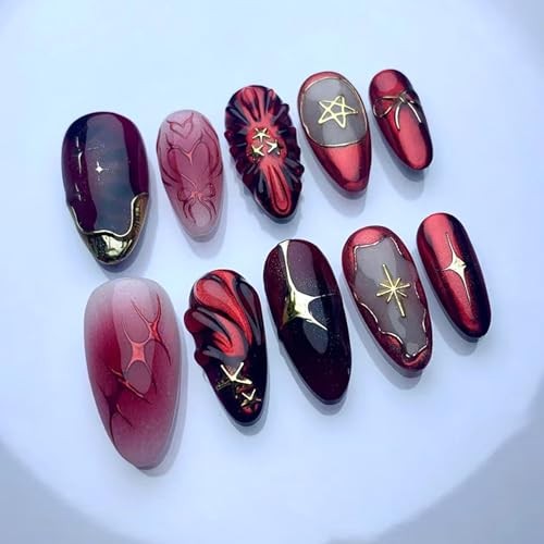 30Pcs Red Press on Nails Charms Medium Almond Fake Nails Stars Wine Red Style 5