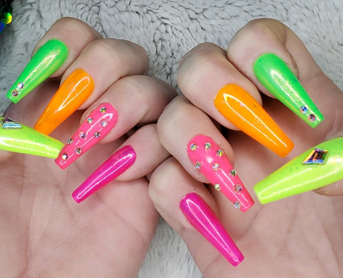 Bright neon rainbow studded crystal nails press on nails bling diamond ballerina
