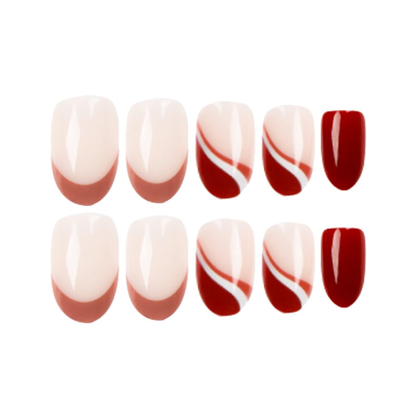 Oval Press on Nails Medium Fake Nails Brown French Tip Burgundy Round Acrylic…