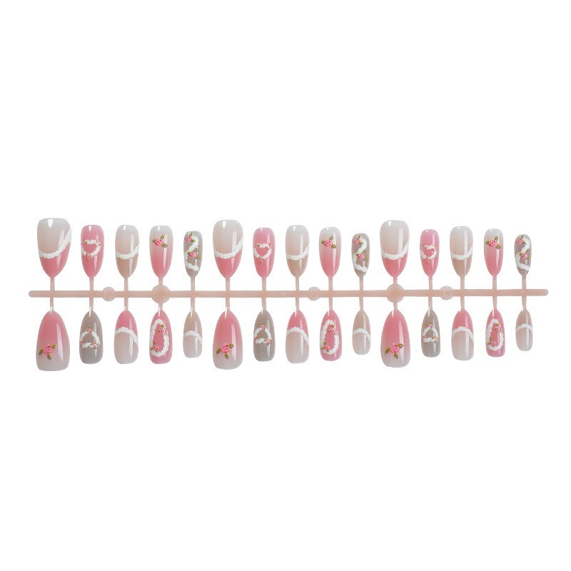 48Pcs-Pink Fake Nails Long Almond 3D Lace Trim Tiny Flower Sweet False Nails