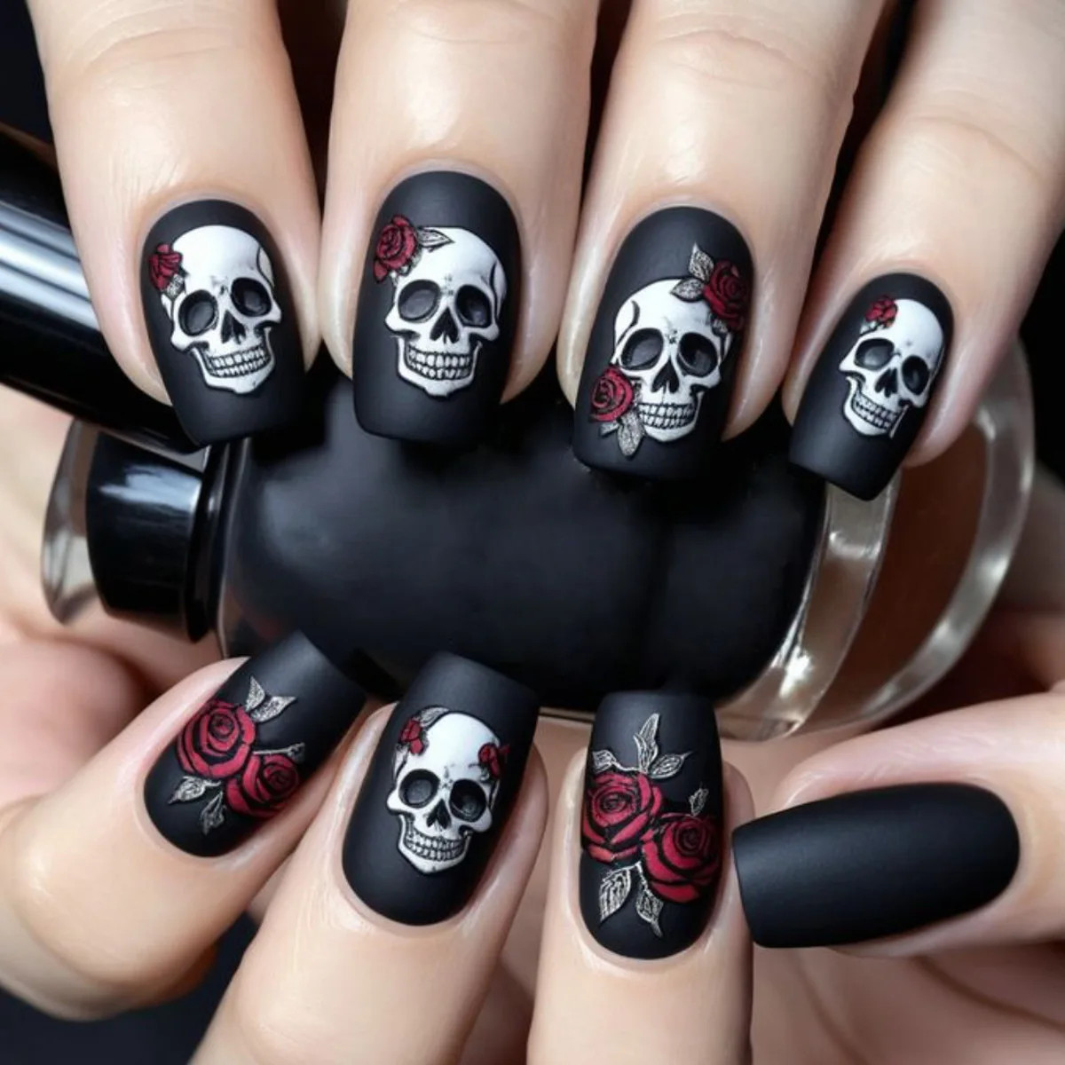 2025 Halloween Black Gothic Punk Almond Coffin Press On Nails Rose Bat Ghost Des