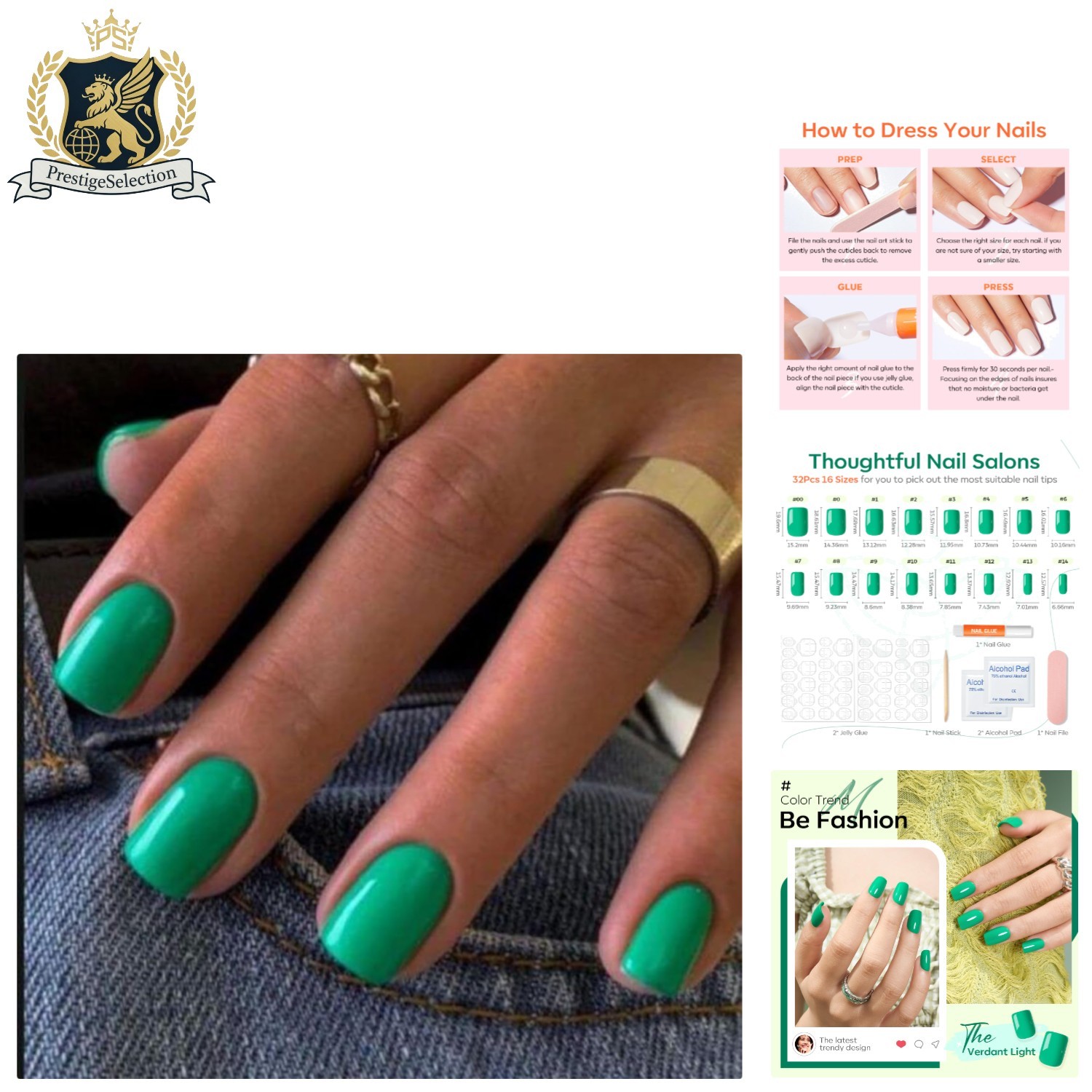 Durable & Stylish Green Press On Nails – 32Pcs Short Square for Effortless Glam