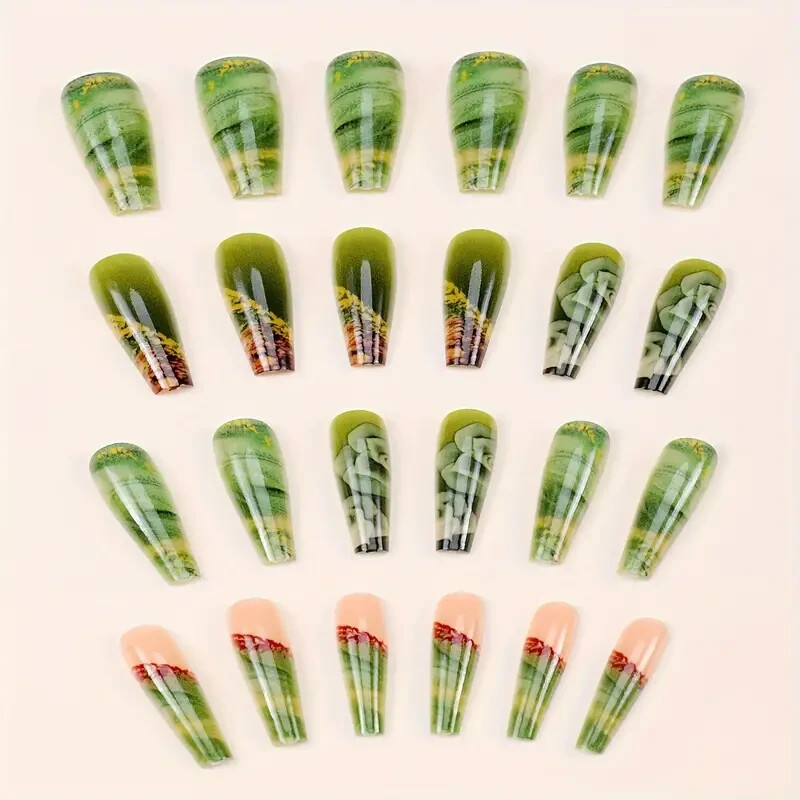 24 Pcs Set Long Coffin Press On Nails Floral Green Full Cover Acrylic Fake NIB