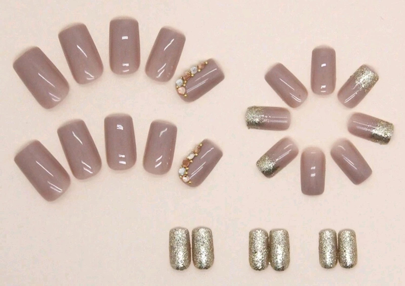 Press-On Nails Tan Taupe Brown 3D Rhinestone Accents Medium Coffin Shape