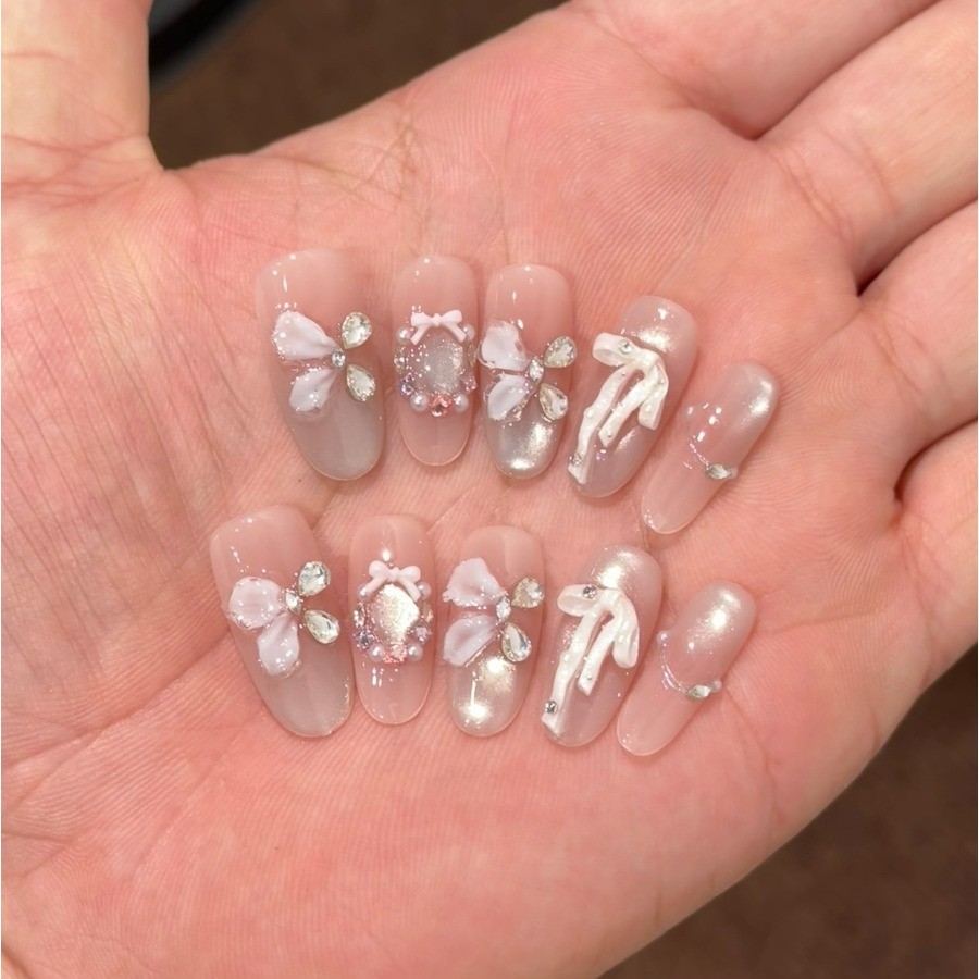 10Pcs-Medium Oval Nude Cat Eye Bow Butterfly Rhinestone Pearl Press on Nails