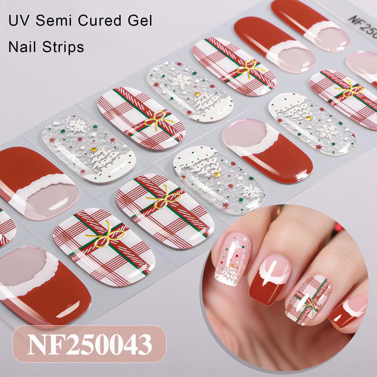 Christmas Semi Cured Gel Nail Strips, 16 Pcs Winter Xmas Gel Nail Stickers Ch…