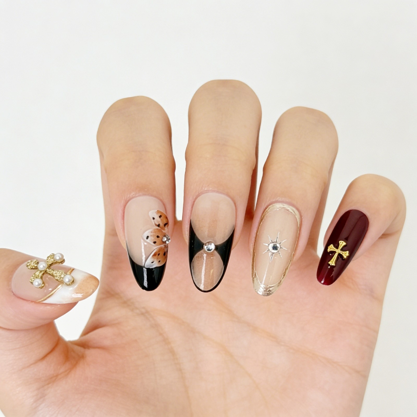 Sweet Gothic Rococo Press-On Nails with Pearl Cross & Metallic Accents Almond