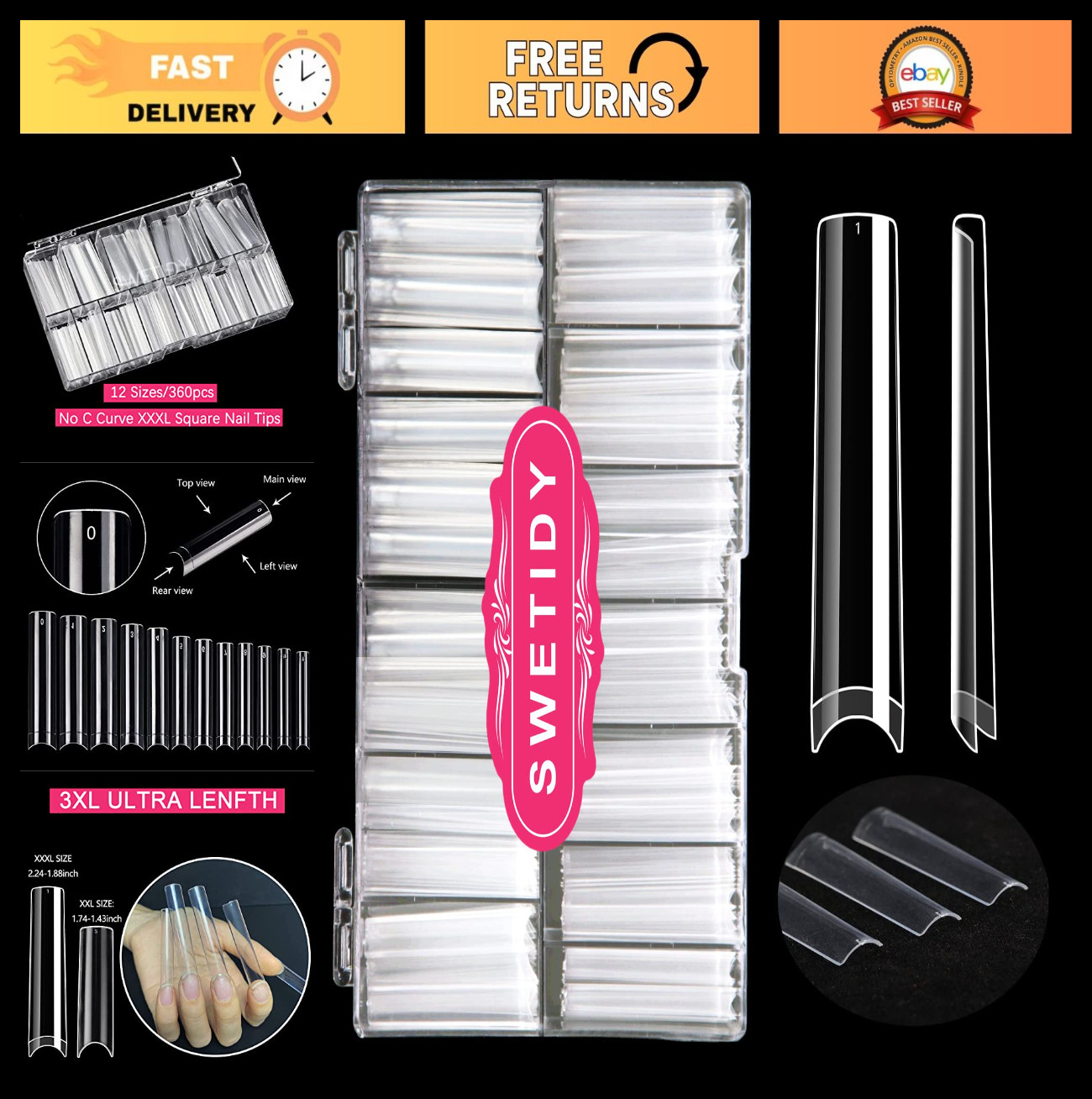3XL Long Square Nail Tips – 360PCS Clear Half Cover Acrylic Nails, 12 Sizes, DIY