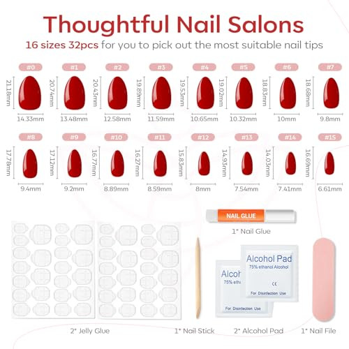 Press on Nails Almond, Red Short Almond Fake Nails, Spring A2-Red Almond