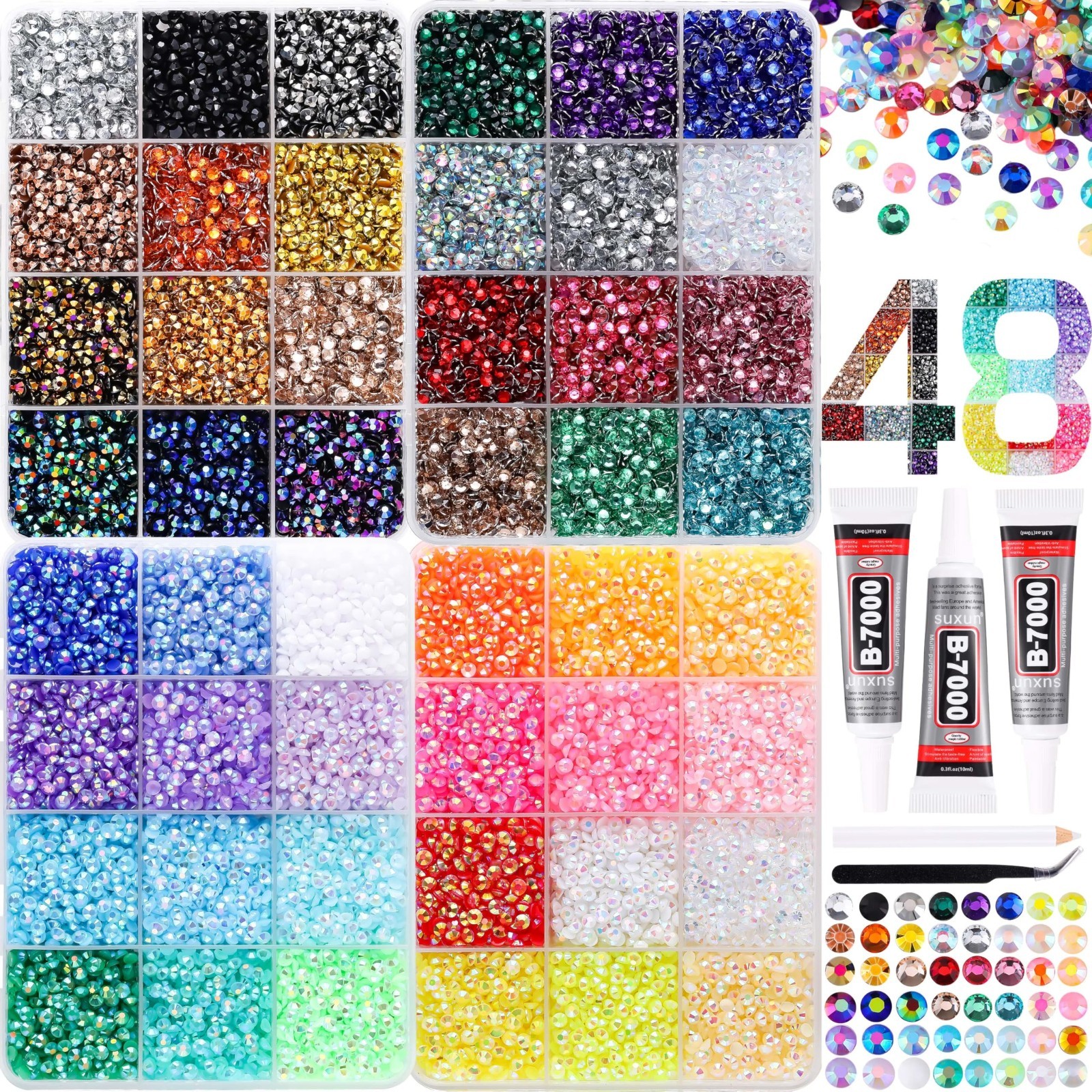 30000 Pcs 3mm Flatback Rhinestones in 48 Colors + B7000 Glue & Tweezers – Nail A