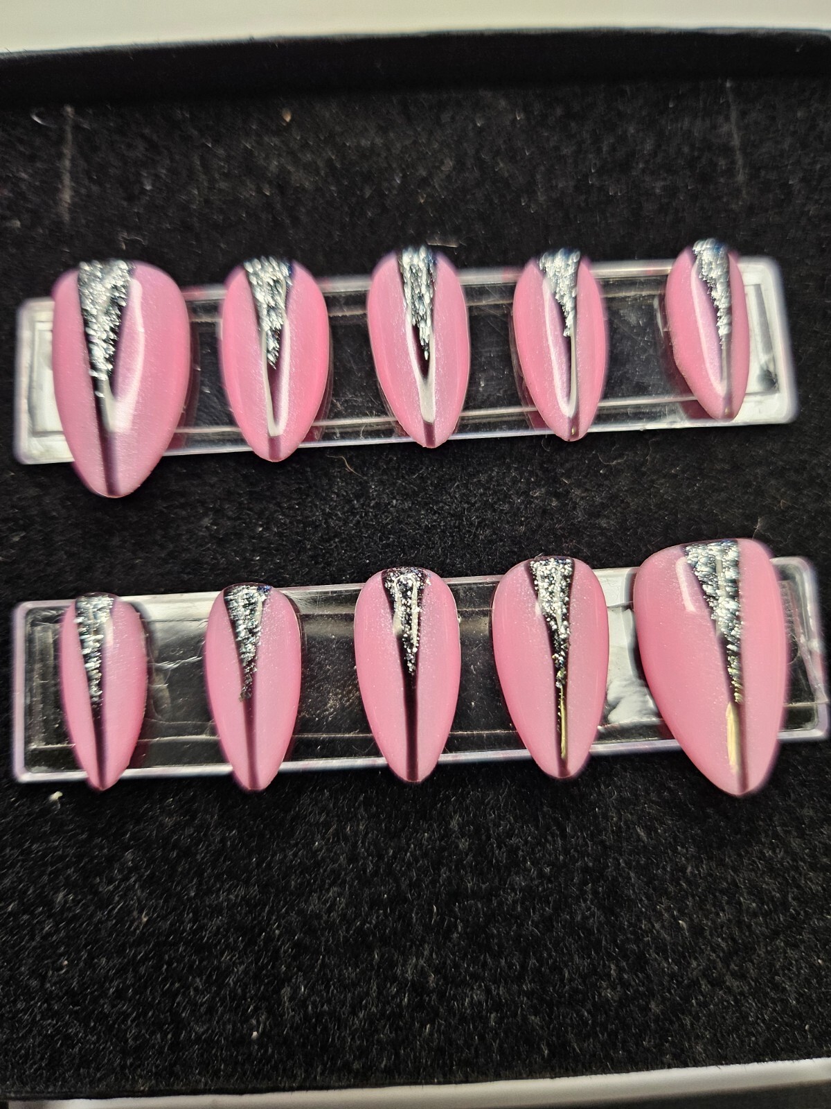 Hand Painted, Short Almond Press on nails – pink w/ black & silver design