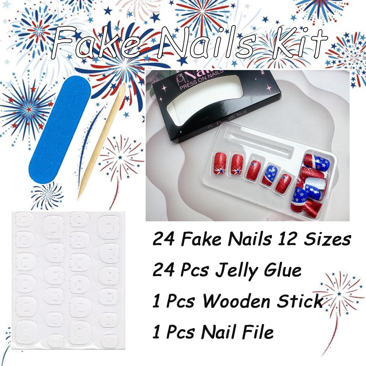 24pcs 4th of July Press on Nails Short Square Independence Day Fireworks Fake…
